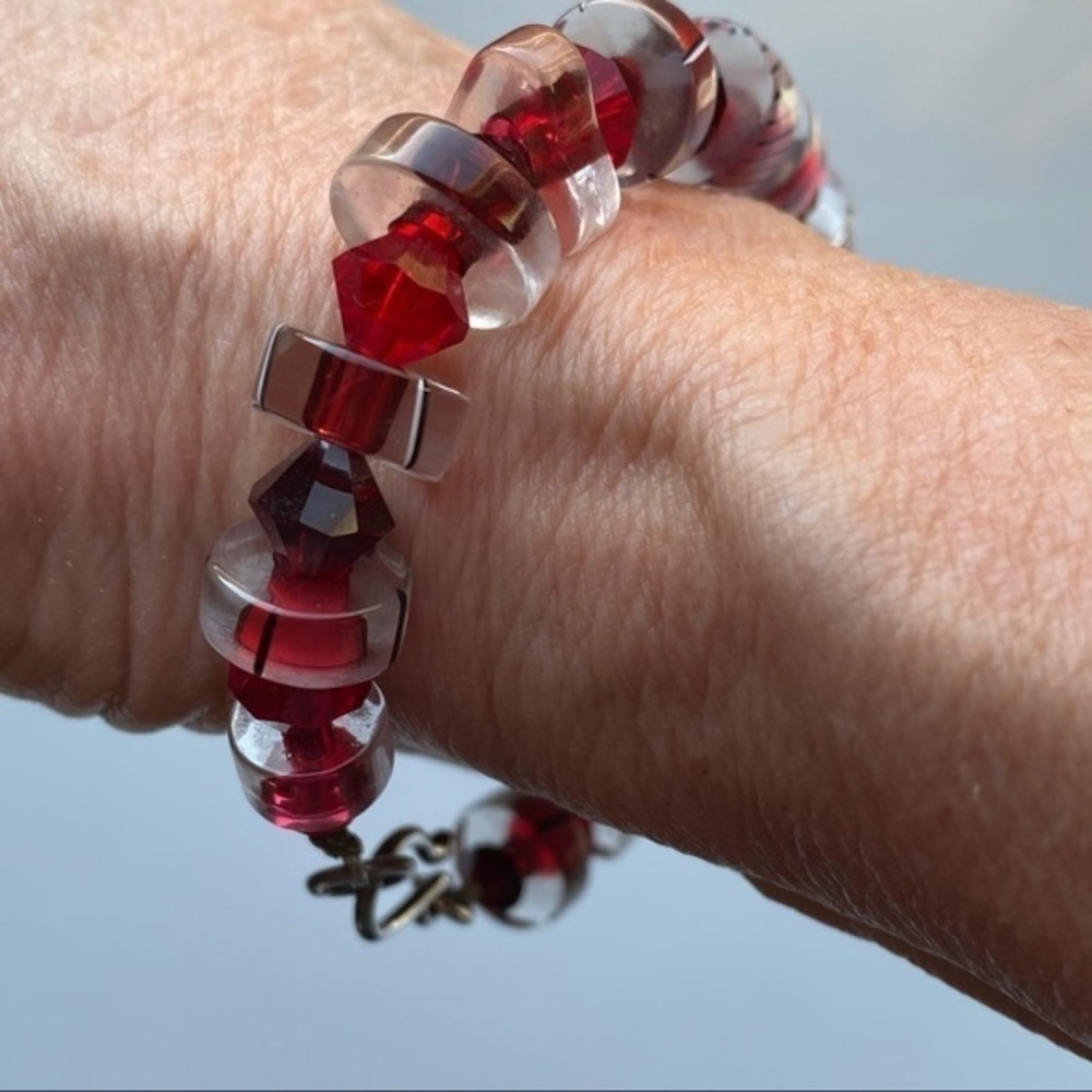 Artisan Boho Ruby Red crystal glass beaded 925 sterling silver bracelet NEW